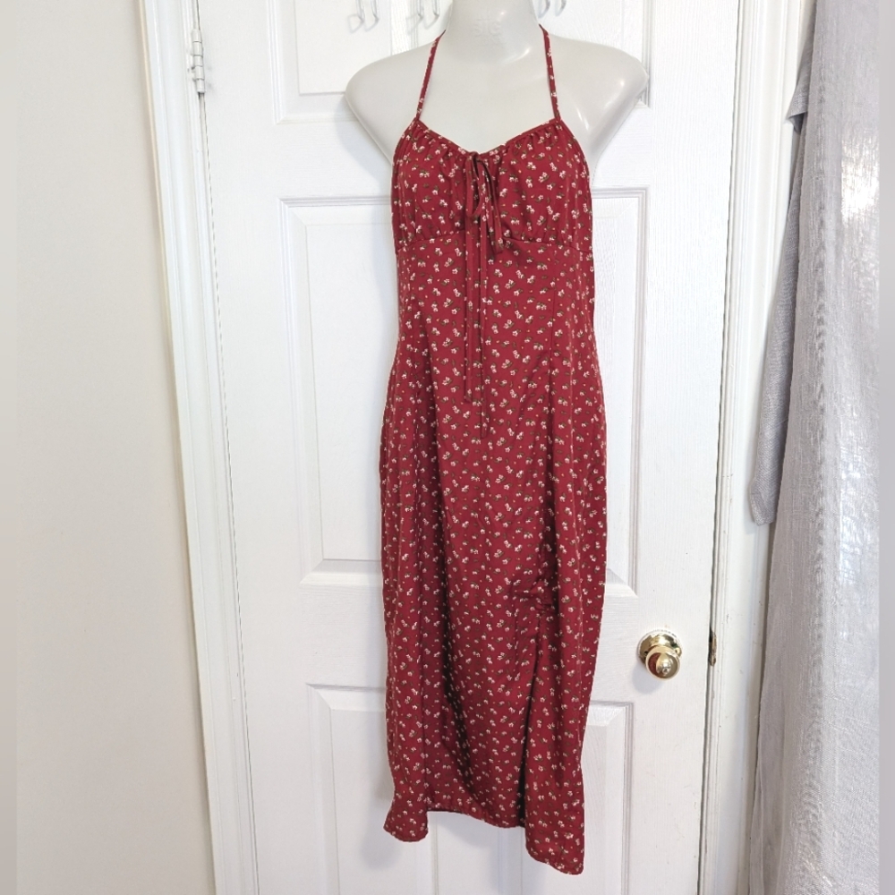 Red Ditsy Floral Adjustable Straps Halter Maxi Dress